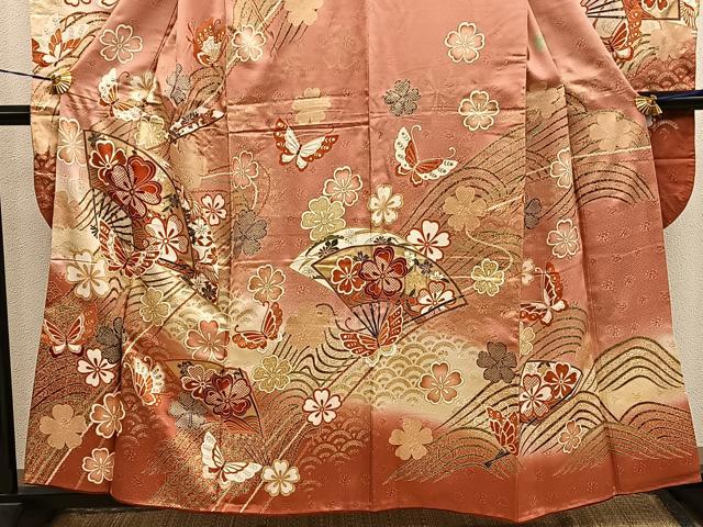 平和屋着物■豪華振袖　扇面飛鶴舞蝶花文　暈し染め　金彩　正絹　逸品　BAAY1201mz