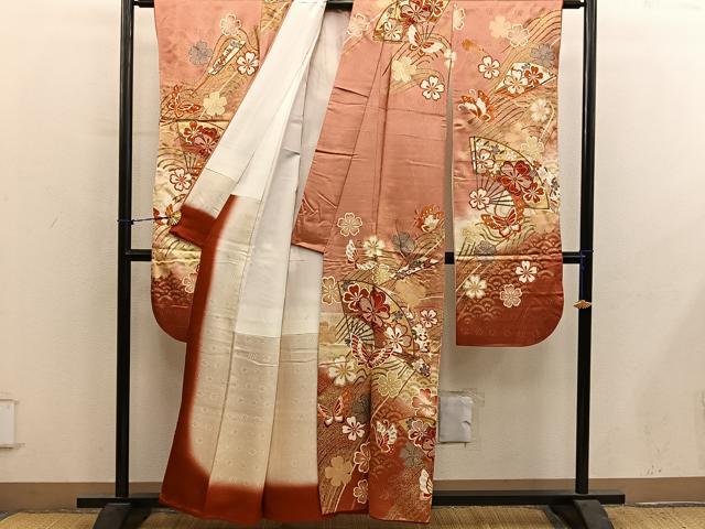 平和屋着物■豪華振袖　扇面飛鶴舞蝶花文　暈し染め　金彩　正絹　逸品　BAAY1201mz