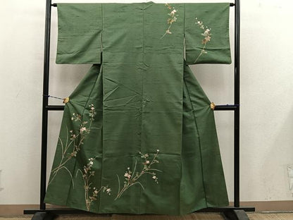 平和屋着物●訪問着　友禅　紬地　枝花文　正絹　逸品　BAAY1268mz