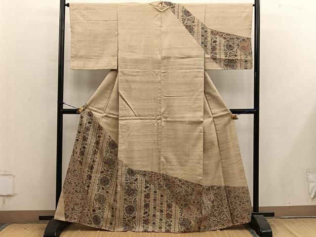 平和屋着物●訪問着　紬地　更紗花文　正絹　逸品　BAAY1282mz