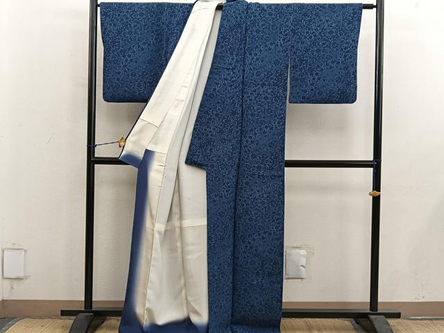 平和屋着物●上質な小紋　藍　型染め　草花文　鬼しぼ縮緬　正絹　逸品　BAAY1346mz
