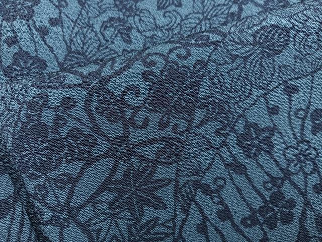 平和屋着物●上質な小紋　藍　型染め　草花文　鬼しぼ縮緬　正絹　逸品　BAAY1346mz