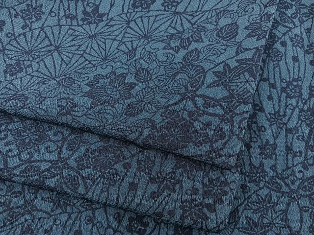 平和屋着物●上質な小紋　藍　型染め　草花文　鬼しぼ縮緬　正絹　逸品　BAAY1346mz