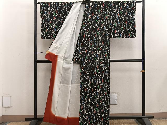 平和屋着物■小紋　枝葉文　黒地　洗える着物　BAAY1396mz