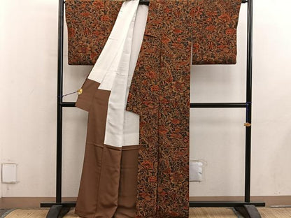 平和屋着物●上質な小紋　更紗花鳥文　鬼しぼ縮緬　正絹　逸品　BAAY1406mz