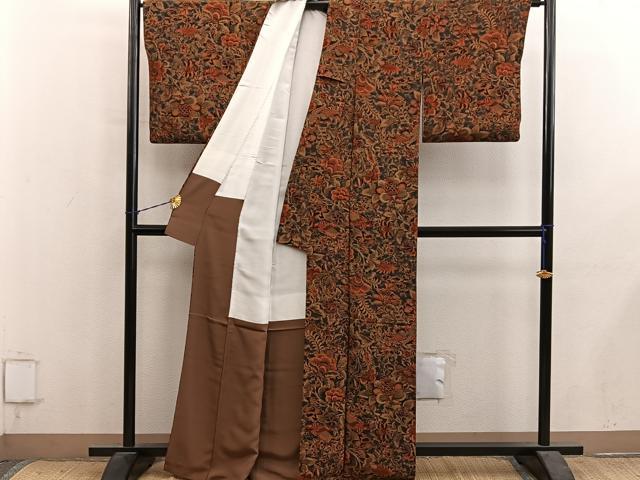 平和屋着物●上質な小紋　更紗花鳥文　鬼しぼ縮緬　正絹　逸品　BAAY1406mz