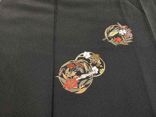 平和屋着物●訪問着　総刺繍　横笛花丸文　黒地　正絹　逸品　BAAY1413mz