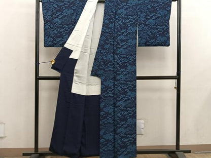 平和屋着物●上質な小紋　藍　型染め　菊花文　正絹　逸品　BAAY1434mz
