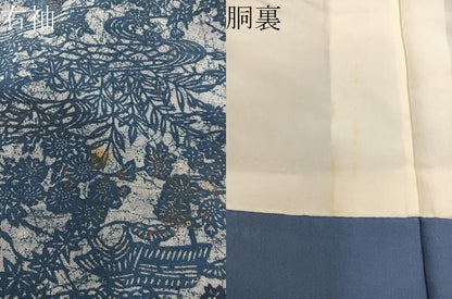 平和屋着物●上質な小紋　藍　型染め　風景花文　お召縮緬　正絹　逸品　BAAY1465mz