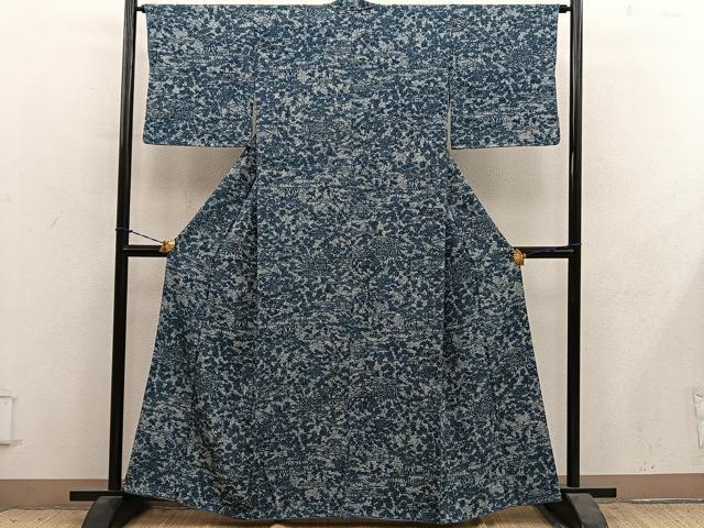 平和屋着物●上質な小紋　藍　型染め　風景花文　お召縮緬　正絹　逸品　BAAY1465mz