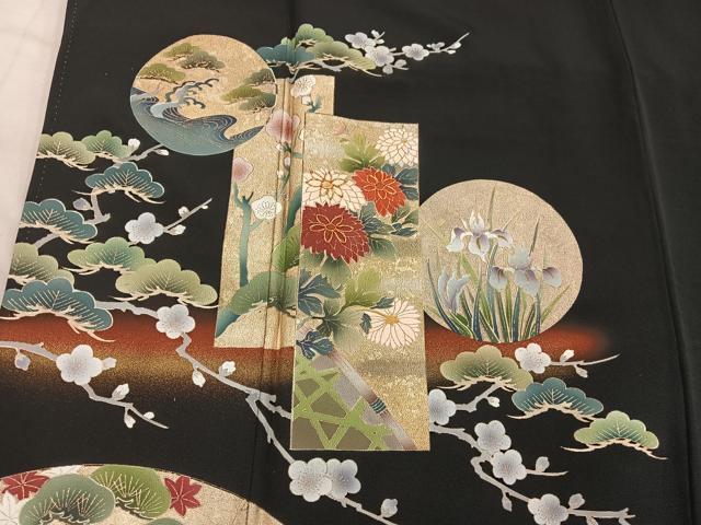 平和屋着物■豪華黒留袖　駒刺繍　短冊菊花文　暈し染め　金彩　正絹　逸品　BAAY1475mz