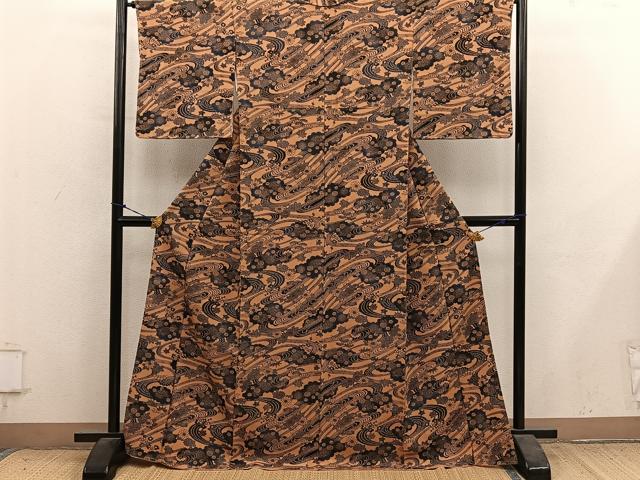 平和屋着物●上質な小紋　型染め　流水花文　正絹　逸品　未使用　BAAY1480mz