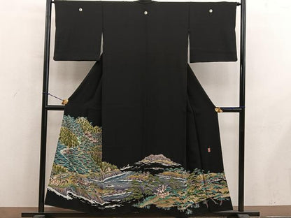 平和屋着物●豪華黒留袖　友禅　作家物　樹林風景文　正絹　逸品　BAAY1500mz