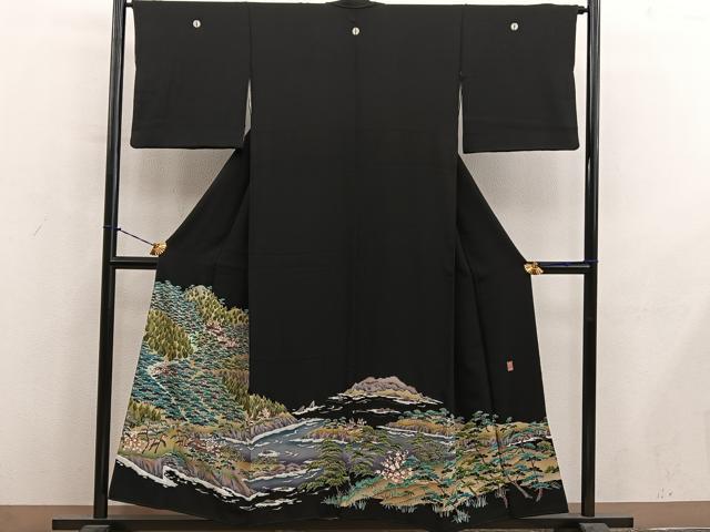 平和屋着物●豪華黒留袖　友禅　作家物　樹林風景文　正絹　逸品　BAAY1500mz