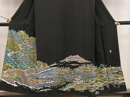 平和屋着物●豪華黒留袖　友禅　作家物　樹林風景文　正絹　逸品　BAAY1500mz