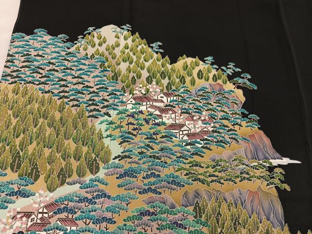 平和屋着物●豪華黒留袖　友禅　作家物　樹林風景文　正絹　逸品　BAAY1500mz
