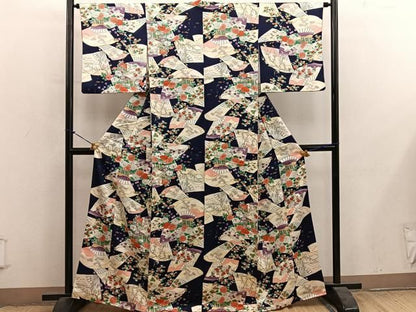 平和屋着物■上質な小紋　扇面御所車花文　正絹　逸品　BAAY1592mz