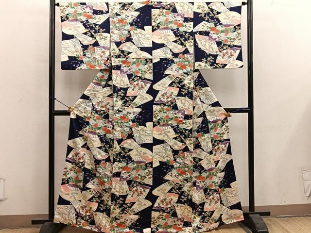 平和屋着物■上質な小紋　扇面御所車花文　正絹　逸品　BAAY1592mz