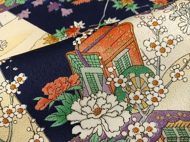 平和屋着物■上質な小紋　扇面御所車花文　正絹　逸品　BAAY1592mz