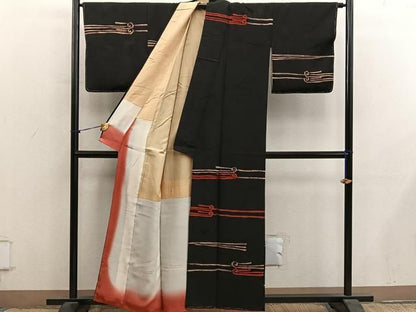 平和屋着物■訪問着　刺繍　幾何学文様　黒地　正絹　逸品　BAAY1599mz