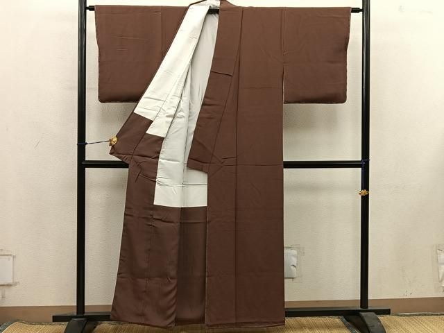 平和屋着物●上質な色無地　黒茶色　鬼しぼ縮緬　正絹　逸品　BAAY1745mz