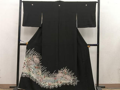平和屋着物■豪華黒留袖　刺繍　花鳥文　金彩　正絹　逸品　BAAY1786mz