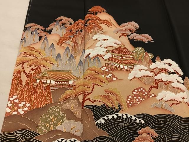 平和屋着物■豪華黒留袖　駒刺繍　風景文　金彩　正絹　逸品　BAAY1801mz