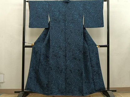 平和屋着物■上質な小紋　藍　型染め　草花文　鬼しぼ縮緬　正絹　逸品　BAAY1870mz