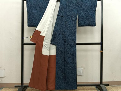 平和屋着物■上質な小紋　藍　型染め　草花文　鬼しぼ縮緬　正絹　逸品　BAAY1870mz