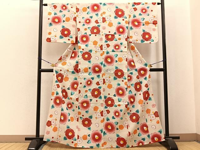 平和屋着物∴夏物　浴衣　綿紅梅　椿　梅　綿　逸品　BAAY3010hj