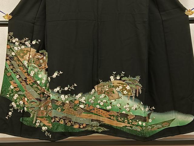 平和屋着物■豪華黒留袖　駒刺繍　地紙熨斗花文　暈し染め　金彩　正絹　逸品　BAAY3023hj
