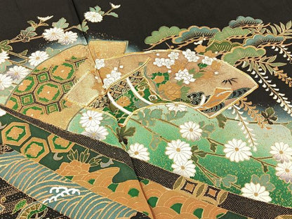 平和屋着物■豪華黒留袖　駒刺繍　地紙熨斗花文　暈し染め　金彩　正絹　逸品　BAAY3023hj