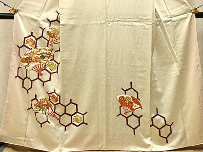 平和屋着物■訪問着　駒刺繍　扇面花蝶文　金彩　正絹　逸品　BAAY3036hj