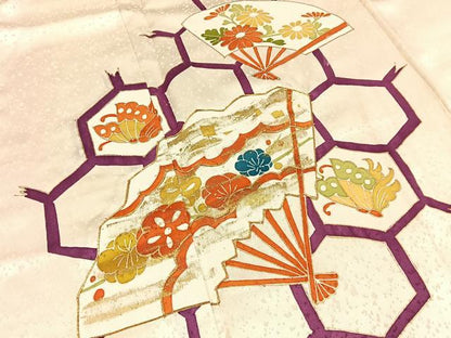 平和屋着物■訪問着　駒刺繍　扇面花蝶文　金彩　正絹　逸品　BAAY3036hj