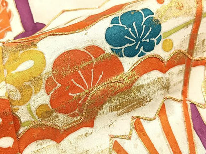 平和屋着物■訪問着　駒刺繍　扇面花蝶文　金彩　正絹　逸品　BAAY3036hj