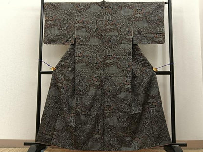 平和屋着物■上質な紬　吉祥草花文　正絹　逸品　BAAY3052hj