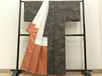 平和屋着物■上質な紬　吉祥草花文　正絹　逸品　BAAY3052hj