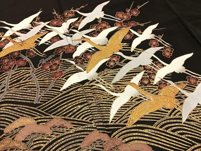 平和屋着物■豪華黒留袖　駒刺繍　松竹梅飛鶴文　金銀彩　正絹　逸品　BAAY3079hj