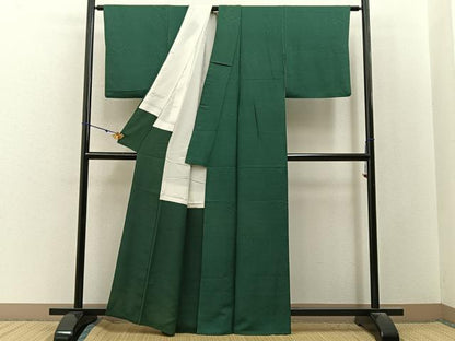 平和屋着物■上質な色無地　流線地紋　千歳緑色　正絹　逸品　BAAY3085hj