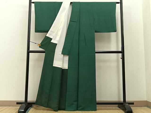 平和屋着物■上質な色無地　流線地紋　千歳緑色　正絹　逸品　BAAY3085hj