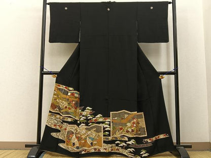 平和屋着物■豪華黒留袖　駒刺繍　屏風平安人物風景文　金銀彩　正絹　逸品　BAAY3086hj