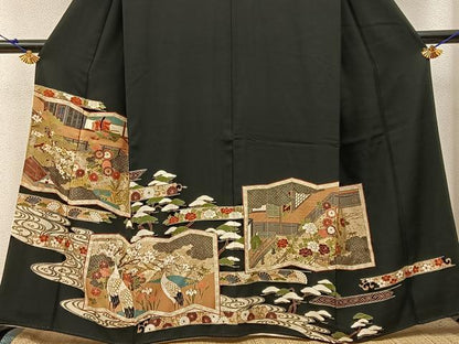 平和屋着物■豪華黒留袖　駒刺繍　屏風平安人物風景文　金銀彩　正絹　逸品　BAAY3086hj