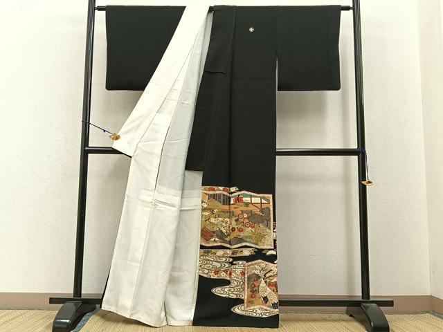 平和屋着物■豪華黒留袖　駒刺繍　屏風平安人物風景文　金銀彩　正絹　逸品　BAAY3086hj