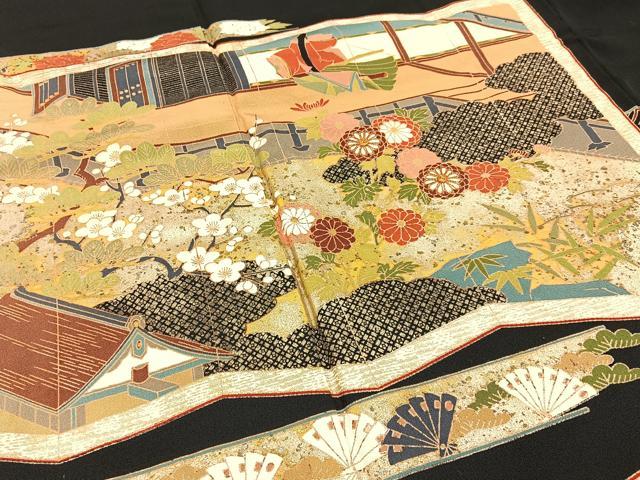 平和屋着物■豪華黒留袖　駒刺繍　屏風平安人物風景文　金銀彩　正絹　逸品　BAAY3086hj