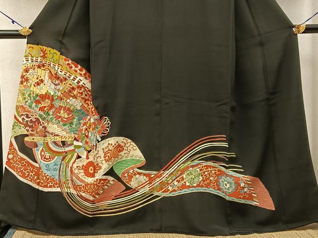 平和屋着物■豪華黒留袖　駒刺繍　檜扇花鳥文　金彩　正絹　逸品　BAAY3087hj