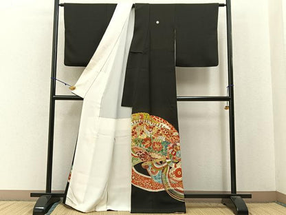 平和屋着物■豪華黒留袖　駒刺繍　檜扇花鳥文　金彩　正絹　逸品　BAAY3087hj