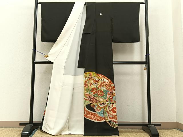 平和屋着物■豪華黒留袖　駒刺繍　檜扇花鳥文　金彩　正絹　逸品　BAAY3087hj