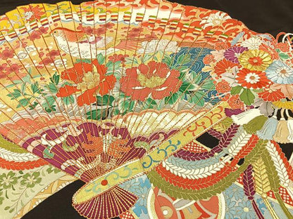 平和屋着物■豪華黒留袖　駒刺繍　檜扇花鳥文　金彩　正絹　逸品　BAAY3087hj