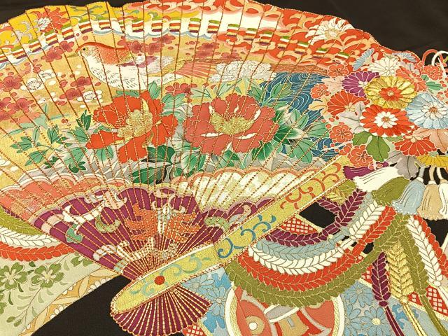 平和屋着物■豪華黒留袖　駒刺繍　檜扇花鳥文　金彩　正絹　逸品　BAAY3087hj