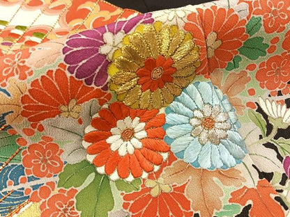 平和屋着物■豪華黒留袖　駒刺繍　檜扇花鳥文　金彩　正絹　逸品　BAAY3087hj